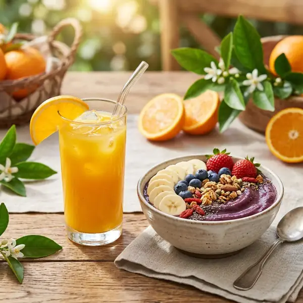 Sucos de Laranja Refrescantes e Açaí Pé de Laranja